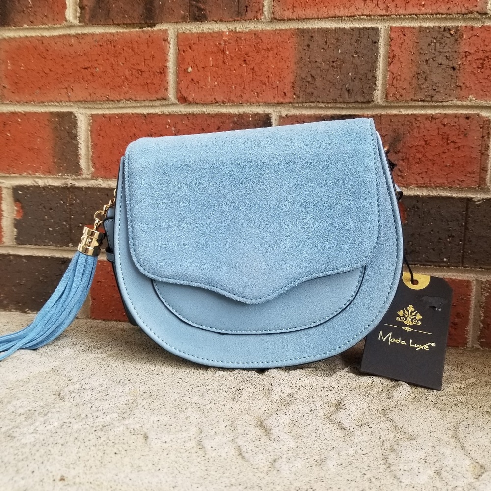 Blue Suede Crossover Tassel Saddle Bag | NWT